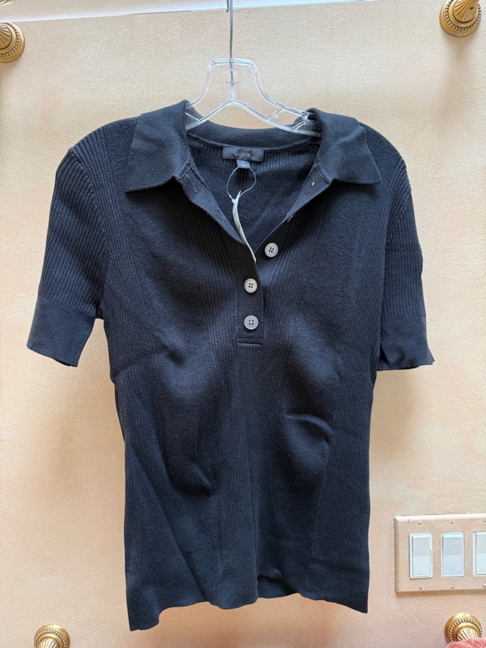 Black Short Sleeve Polo Knit Top